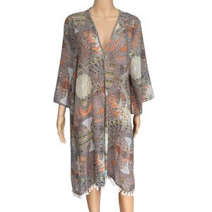 Umgee USA Boho Tribal Kimono Wrap geometric print tassel trim open front sz L